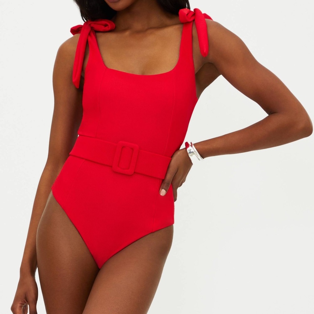 Beach Riot Red Tie-Shoulder One-Piece Swimsuit with Belt